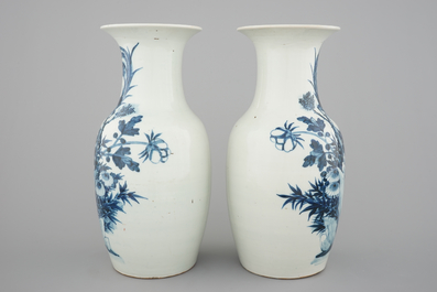 A pair of blue and white Chinese vases with birds among flowers, 19th C.