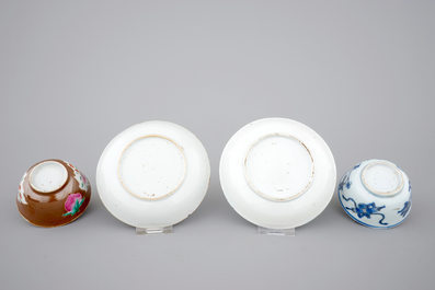 A group of 10 Chinese cups and saucers: Famille rose and batavia brown with blue, white and gilt, Kangxi-Qianlong, 18th C.