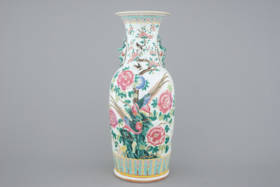 A tall Chinese famille rose vase with birds, 19th C.