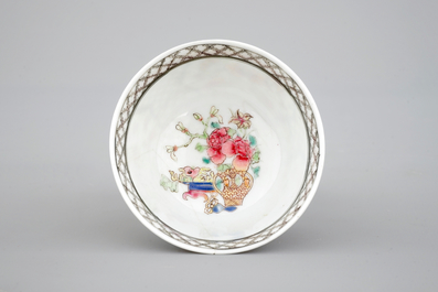 Two Chinese famille rose and gilt porcelain cups and saucers, Yongzheng, 1722-1735
