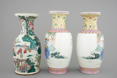 A Chinese famille rose vase with silk production scene, 19th C. and a pair of 20th C. Mulan vases
