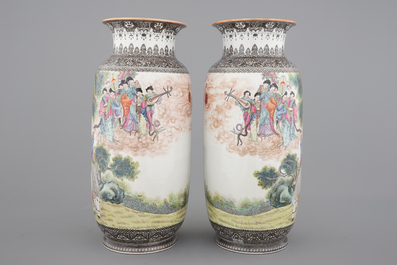 A tall pair of Chinese famille rose vases, Republic, 20th C.