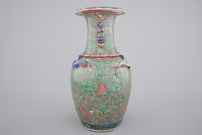 A pair of Canton famille verte vases and a pink ground Canton vase, 19th C.