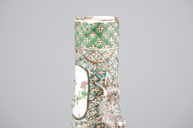 A pair of Canton famille verte vases and a pink ground Canton vase, 19th C.