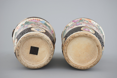 A pair of Chinese Nanking famille rose vases with warrior scenes, 19th C.