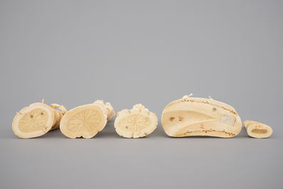 Five Japanese ivory okimono carved figures, late Meiji - early Taisho, 19th to early 20th C.