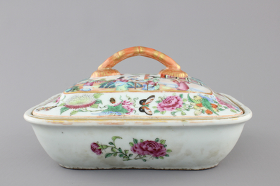 A refined rounded rectangular Canton famille rose tureen and cover, ca. 1860