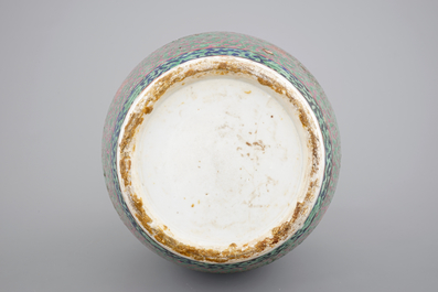 A pair of Canton famille verte vases and a pink ground Canton vase, 19th C.