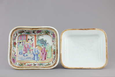 A refined rounded rectangular Canton famille rose tureen and cover, ca. 1860