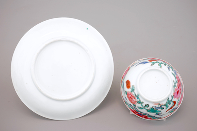 Six fine Chinese famille rose cups and seven saucers, Qianlong, 18th C.