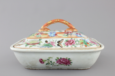 A refined rounded rectangular Canton famille rose tureen and cover, ca. 1860