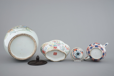 Two Chinese plates, an Imari teapot, 18th C., with a bowl and a ginger jar, 19th C.