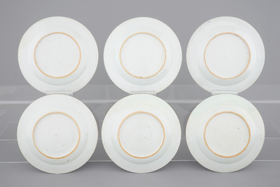 A set of 6 Chinese blue and white figural plates, Qianlong, 18th C.