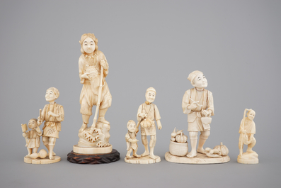 Five Japanese ivory okimono carved figures, late Meiji - early Taisho, 19th to early 20th C.