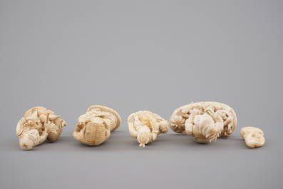Five Japanese ivory okimono carved figures, late Meiji - early Taisho, 19th to early 20th C.