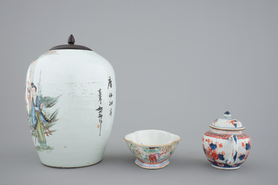 Two Chinese plates, an Imari teapot, 18th C., with a bowl and a ginger jar, 19th C.