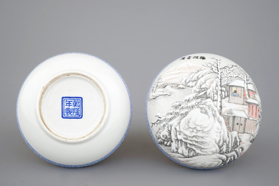 A Chinese box and cover with a winter landscape and a brush pot, 20th C.