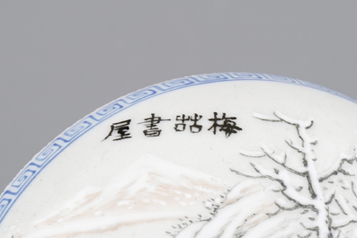 A Chinese box and cover with a winter landscape and a brush pot, 20th C.