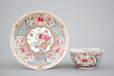 Two Chinese famille rose and gilt porcelain cups and saucers, Yongzheng, 1722-1735