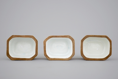 Three Chinese porcelain famille rose salts and five small plates, 18th C.