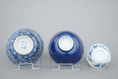 A collection of 18th C. Chinese blue and white bowls, mostly Kangxi, ca. 1700