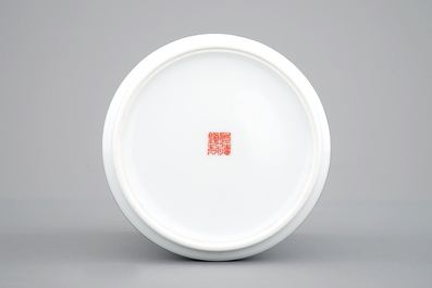 A Chinese box and cover with a winter landscape and a brush pot, 20th C.