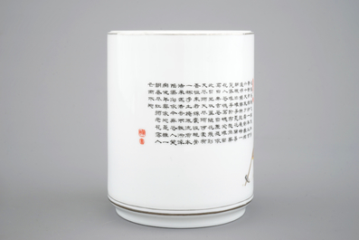 A Chinese box and cover with a winter landscape and a brush pot, 20th C.