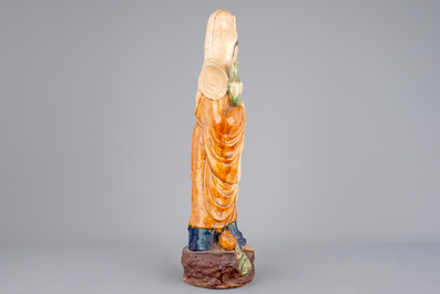 A tall Chinese sancai pottery figure of a guanyin, prob. Ming Dynasty