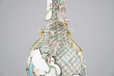 A pair of Canton famille verte vases and a pink ground Canton vase, 19th C.