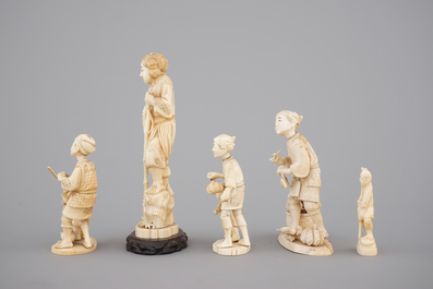 Five Japanese ivory okimono carved figures, late Meiji - early Taisho, 19th to early 20th C.