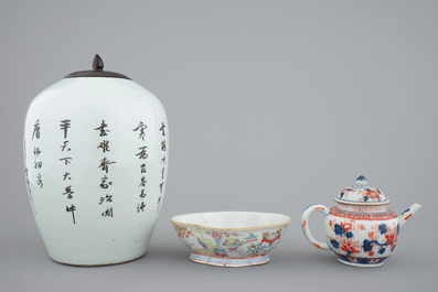Two Chinese plates, an Imari teapot, 18th C., with a bowl and a ginger jar, 19th C.