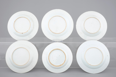 A set of six Chinese famille rose and verte porcelain plates, Kangxi-Qianlong, 18th C.