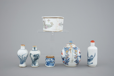 A collection of 18/19th C. Chinese porcelain: a snuff bottle, a teapot, two miniature vases