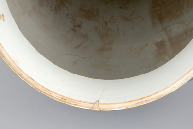 A tall blue and white Chinese porcelain vase and cover with lotus scrolls, 19th C.