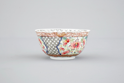 Two Chinese famille rose and gilt porcelain cups and saucers, Yongzheng, 1722-1735