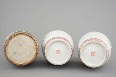 A Chinese famille rose vase with silk production scene, 19th C. and a pair of 20th C. Mulan vases