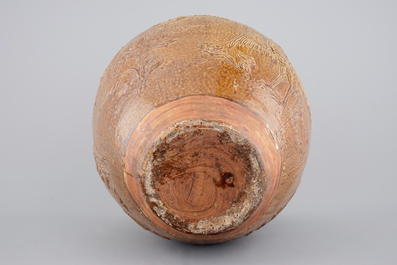 A large Martaban on a carved hardwood stand, 18/19th C.