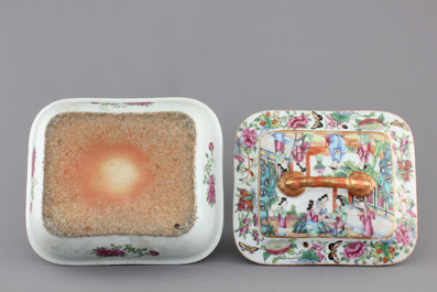 A refined rounded rectangular Canton famille rose tureen and cover, ca. 1860