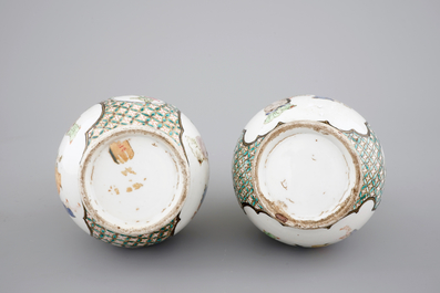 A pair of Canton famille verte vases and a pink ground Canton vase, 19th C.