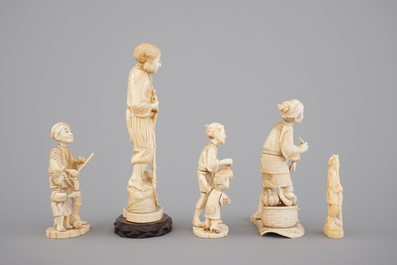 Five Japanese ivory okimono carved figures, late Meiji - early Taisho, 19th to early 20th C.