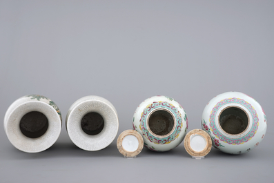 A pair of Chinese crackle glaze vases and two famille rose jars, 19/20th C.