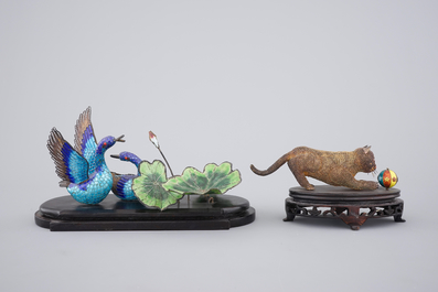 Two Chinese enameled silver groups, ca. 1940, a cat and two geese