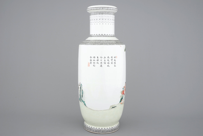 A tall Chinese Republic porcelain rouleau vase, 20th C.