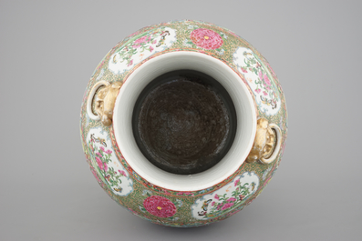 A tall Chinese Canton rose medallion porcelain vase on gilt wood stand, 19th C.