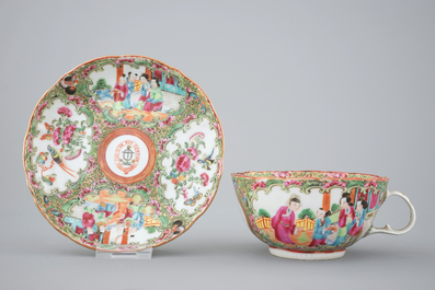 A set of 8 large Chinese Canton rose medallion armorial cups and saucers, 19th C.