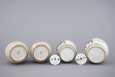 A pair of Chinese crackle glaze vases and two famille rose jars, 19/20th C.