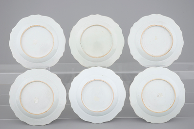 A set of six Chinese lobed famille rose landscape plates, Qianlong, 18th C.