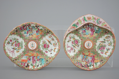 A 62-piece Chinese Canton rose medallion armorial 6-person service of big and small plates, cups and saucers, egg cups and serving trays, 19t C.