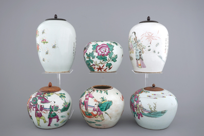 A lot of 6 Chinese famille rose ginger jars, 19/20th C.