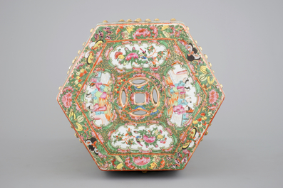 A Chinese Canton famille rose medallion hexagonal garden seat, 19th C.